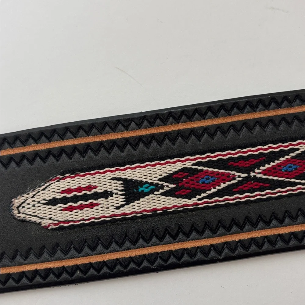 Vintage Orona Aztec Southwestern Black Leather‎ Handcrafted Belt Mens Size 34
